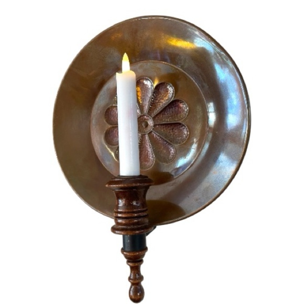 Copper and wood wall sconce, candle holder with reflector disc, vintage 1960’s